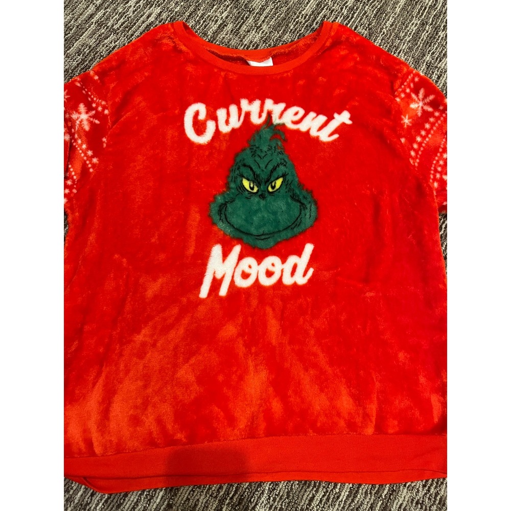 Dr. Seuss The Grinch Current Mood Red Plush Fleece Holiday Sweatshirt Medium